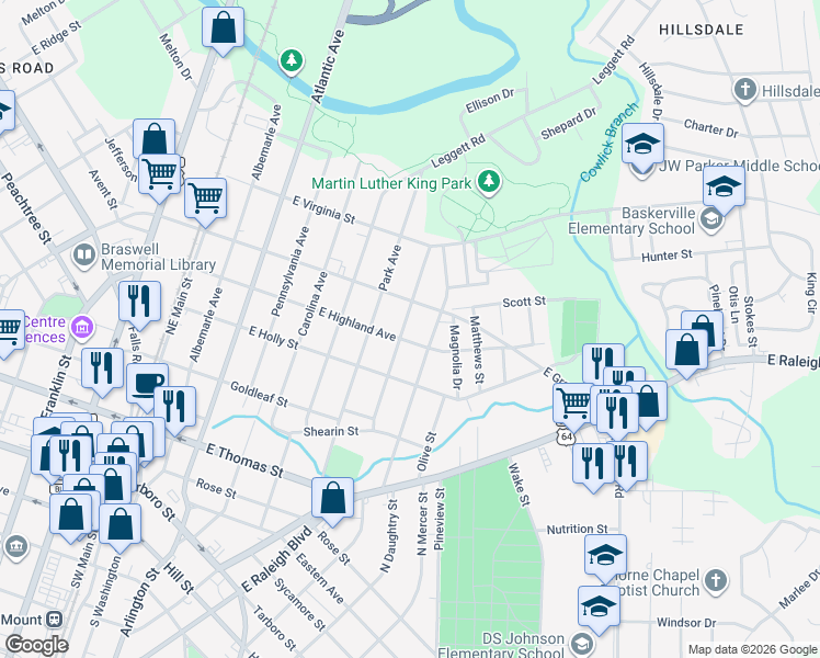 map of restaurants, bars, coffee shops, grocery stores, and more near 516 Woodland Avenue in Rocky Mount