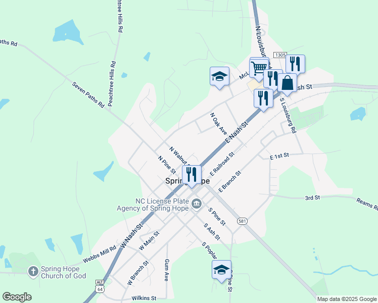 map of restaurants, bars, coffee shops, grocery stores, and more near 209 East Franklin Street in Spring Hope