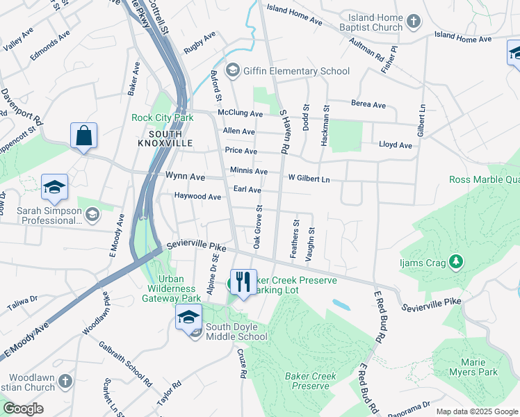 map of restaurants, bars, coffee shops, grocery stores, and more near 1801 Trotter Avenue in Knoxville