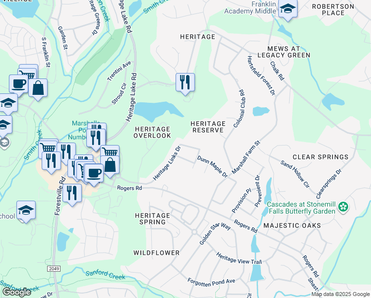map of restaurants, bars, coffee shops, grocery stores, and more near 1524 Heritage Links Drive in Wake Forest