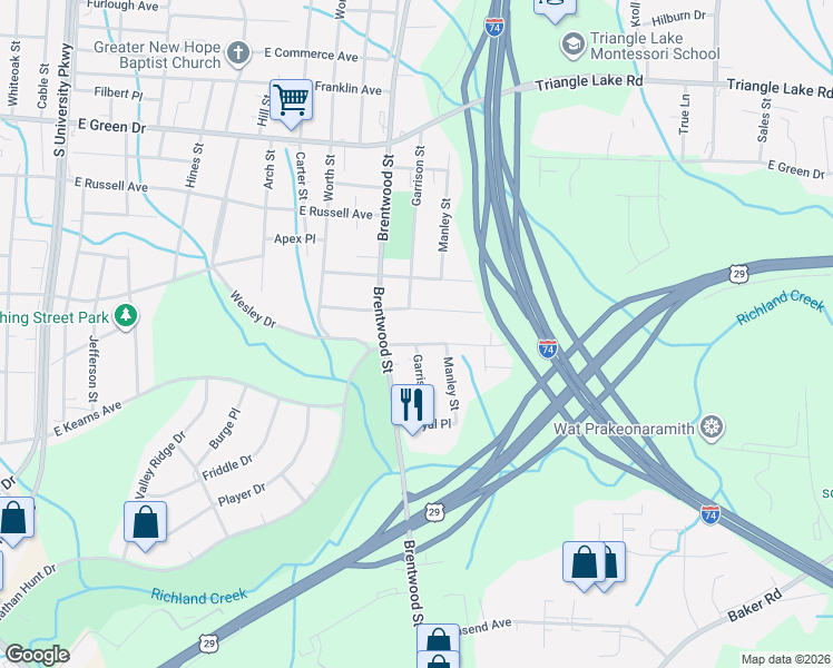 map of restaurants, bars, coffee shops, grocery stores, and more near 2404 Friends Avenue in High Point