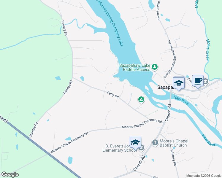 map of restaurants, bars, coffee shops, grocery stores, and more near 1550 Petty Road in Graham