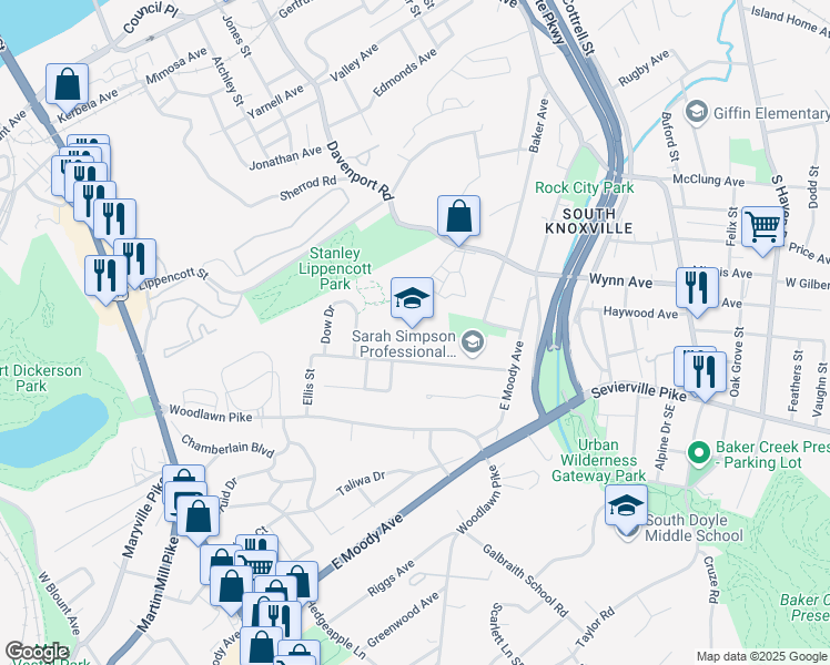 map of restaurants, bars, coffee shops, grocery stores, and more near 705 Tipton Avenue in Knoxville