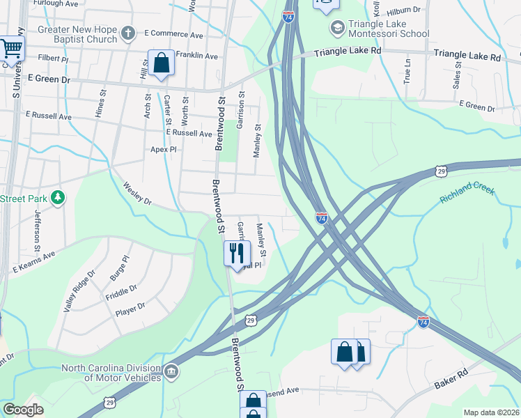 map of restaurants, bars, coffee shops, grocery stores, and more near 2506 Friends Avenue in High Point