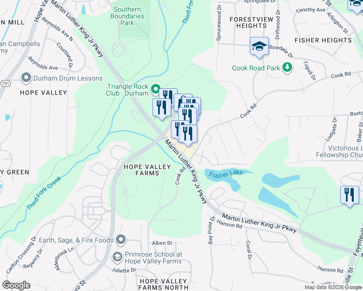 map of restaurants, bars, coffee shops, grocery stores, and more near 920 Martin Luther King Junior Parkway in Durham