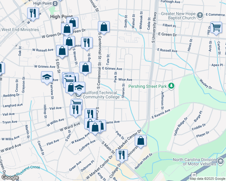 map of restaurants, bars, coffee shops, grocery stores, and more near 900 Park Street in High Point