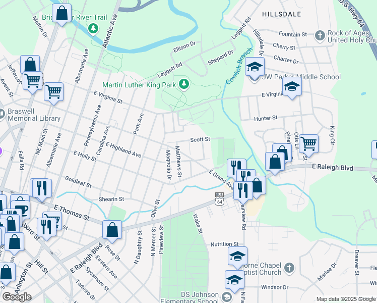 map of restaurants, bars, coffee shops, grocery stores, and more near 1004 East Grand Avenue in Rocky Mount