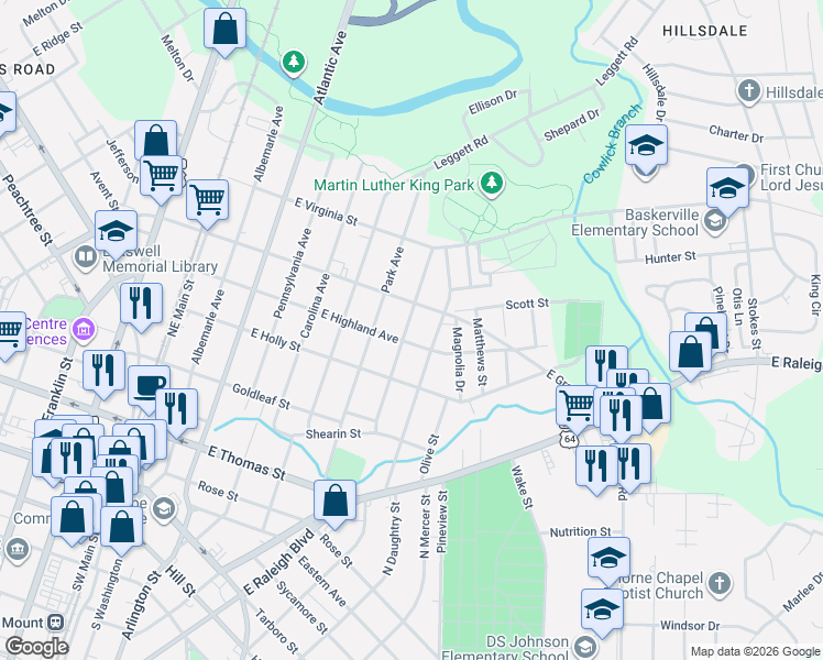 map of restaurants, bars, coffee shops, grocery stores, and more near 516 Woodland Avenue in Rocky Mount