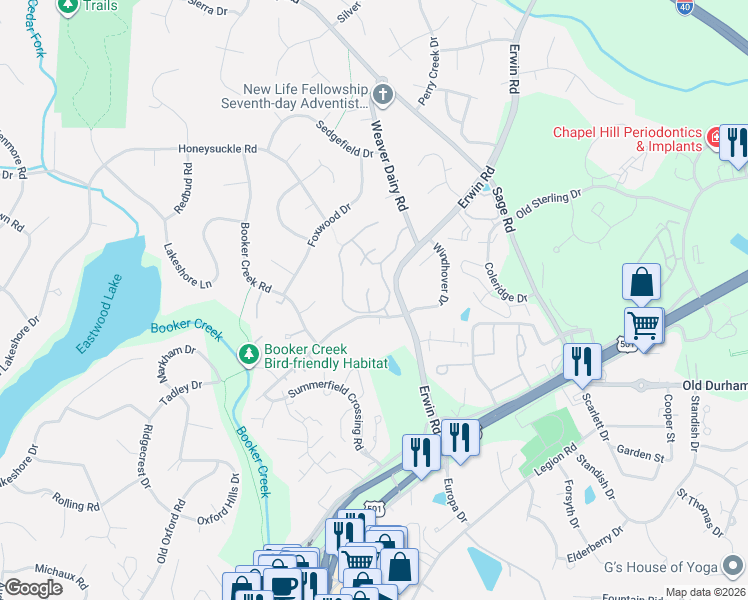 map of restaurants, bars, coffee shops, grocery stores, and more near 106 White Oak Way in Chapel Hill