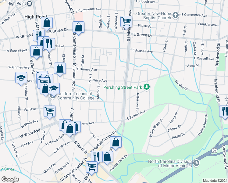 map of restaurants, bars, coffee shops, grocery stores, and more near 913 Randolph Street in High Point