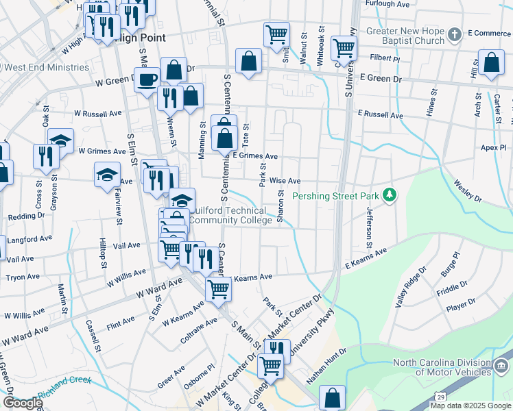 map of restaurants, bars, coffee shops, grocery stores, and more near 900 Park Street in High Point
