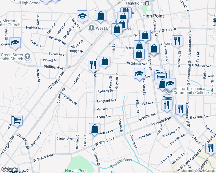 map of restaurants, bars, coffee shops, grocery stores, and more near 517 Cross Street in High Point