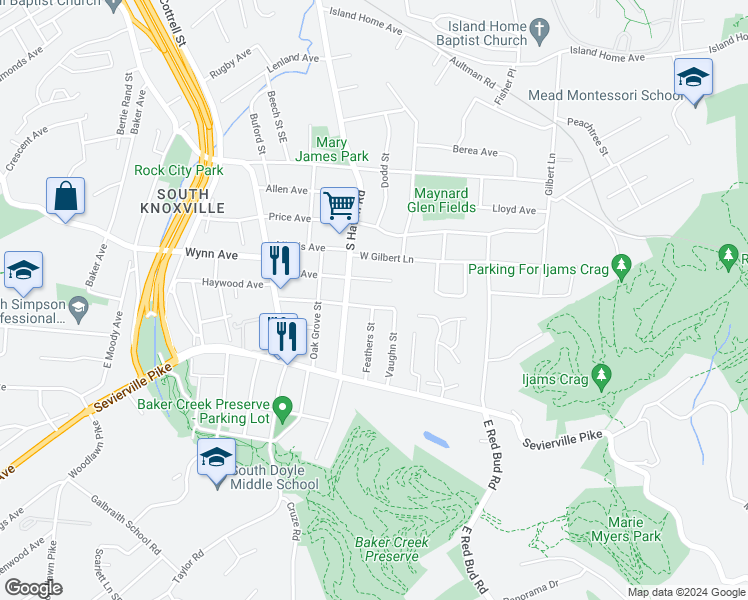 map of restaurants, bars, coffee shops, grocery stores, and more near 1907 Trotter Avenue in Knoxville