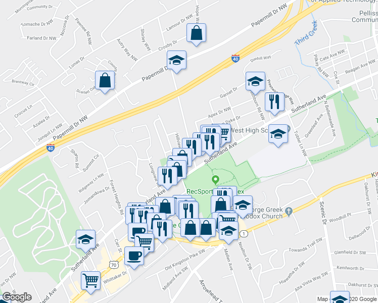 map of restaurants, bars, coffee shops, grocery stores, and more near 604 Hillview Road in Knoxville