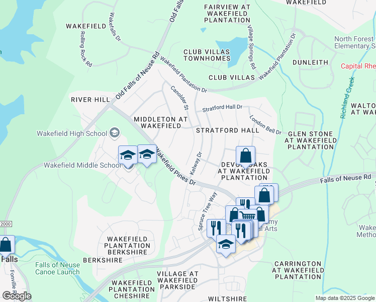 map of restaurants, bars, coffee shops, grocery stores, and more near 12323 Canolder Street in Raleigh