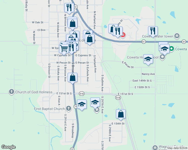 map of restaurants, bars, coffee shops, grocery stores, and more near 407 South Eufaula Avenue in Coweta