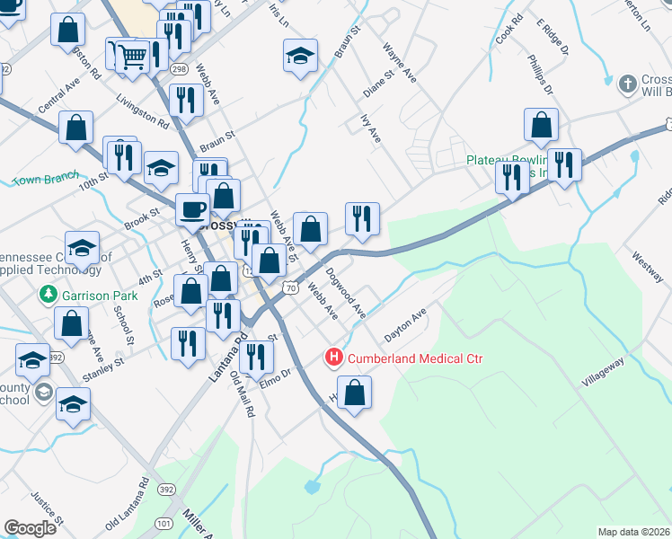map of restaurants, bars, coffee shops, grocery stores, and more near 215 East Adams Street in Crossville
