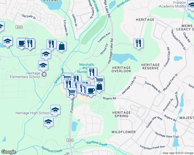 map of restaurants, bars, coffee shops, grocery stores, and more near 1205 Heritage Links Drive in Wake Forest