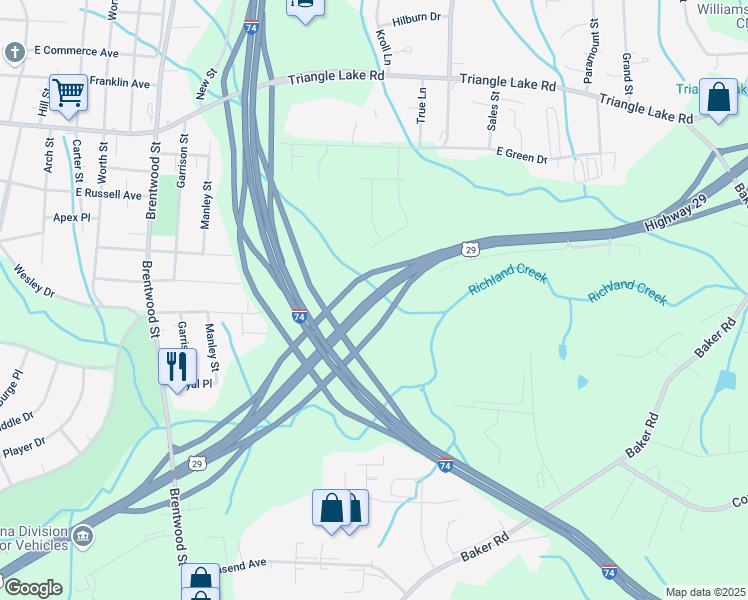 map of restaurants, bars, coffee shops, grocery stores, and more near 1801 Interstate 85 Business Loop in High Point