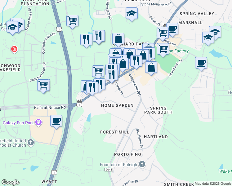 map of restaurants, bars, coffee shops, grocery stores, and more near 10229 Carter Street in Wake Forest
