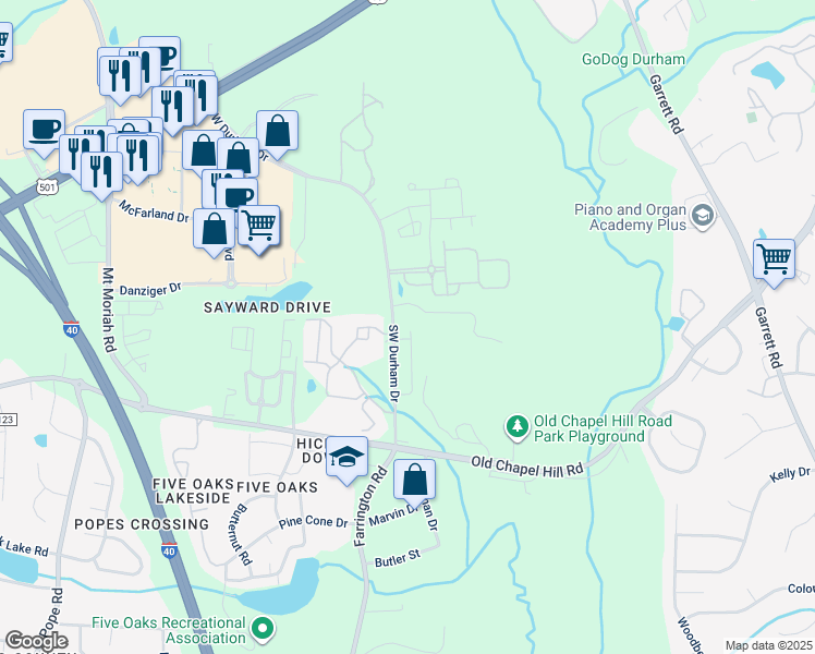 map of restaurants, bars, coffee shops, grocery stores, and more near 3805 Southwest Durham Drive in Durham
