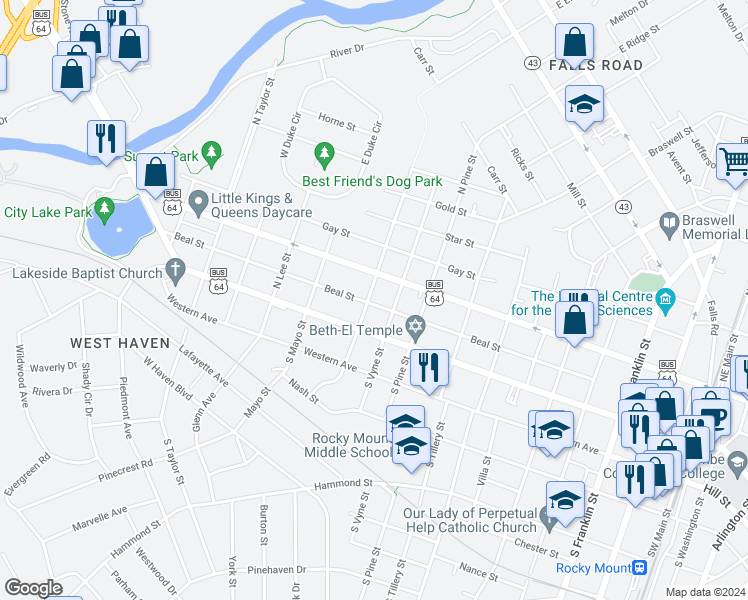 map of restaurants, bars, coffee shops, grocery stores, and more near 1018 Beal Street in Rocky Mount