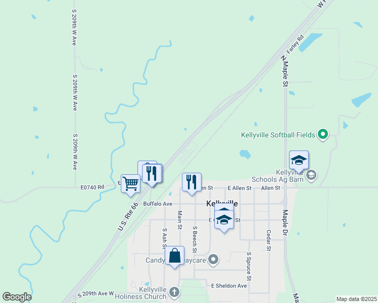 map of restaurants, bars, coffee shops, grocery stores, and more near 20030 W U.S. Route 66 in Kellyville