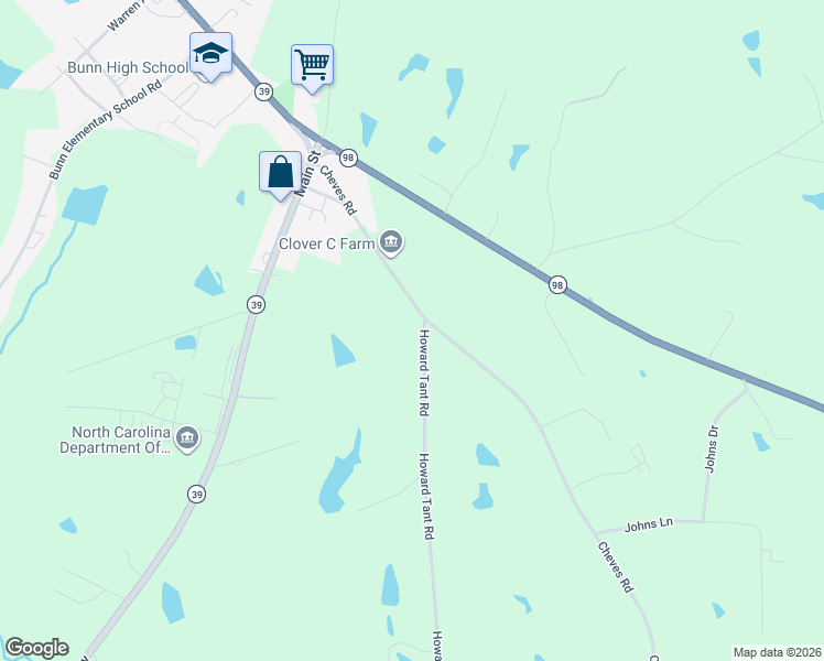 map of restaurants, bars, coffee shops, grocery stores, and more near 2 Howard Tant Road in Zebulon