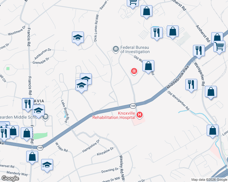 map of restaurants, bars, coffee shops, grocery stores, and more near 1531 Dick Lonas Rd in Knoxville