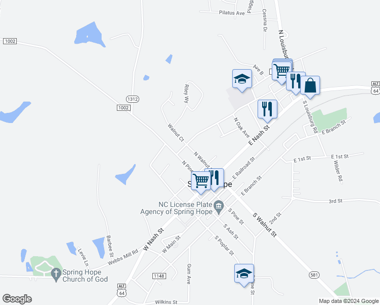 map of restaurants, bars, coffee shops, grocery stores, and more near 319 North Walnut Street in Spring Hope
