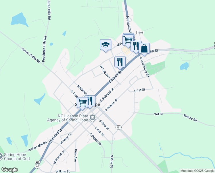 map of restaurants, bars, coffee shops, grocery stores, and more near 308 East Nash Street in Spring Hope