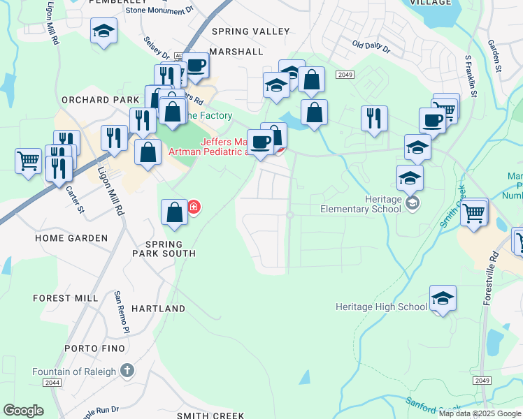 map of restaurants, bars, coffee shops, grocery stores, and more near 3353 Mountain Branch Drive in Wake Forest
