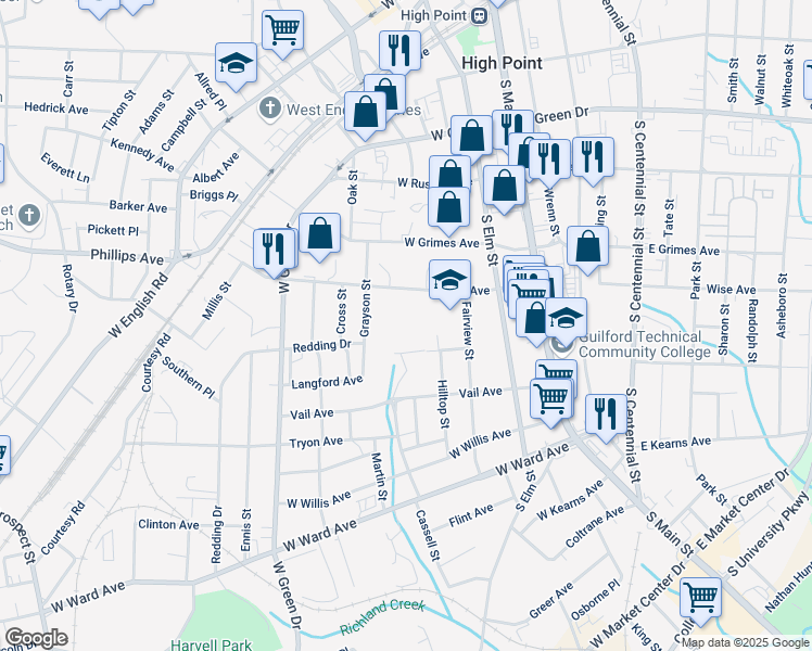 map of restaurants, bars, coffee shops, grocery stores, and more near 1 Cassell Street in High Point