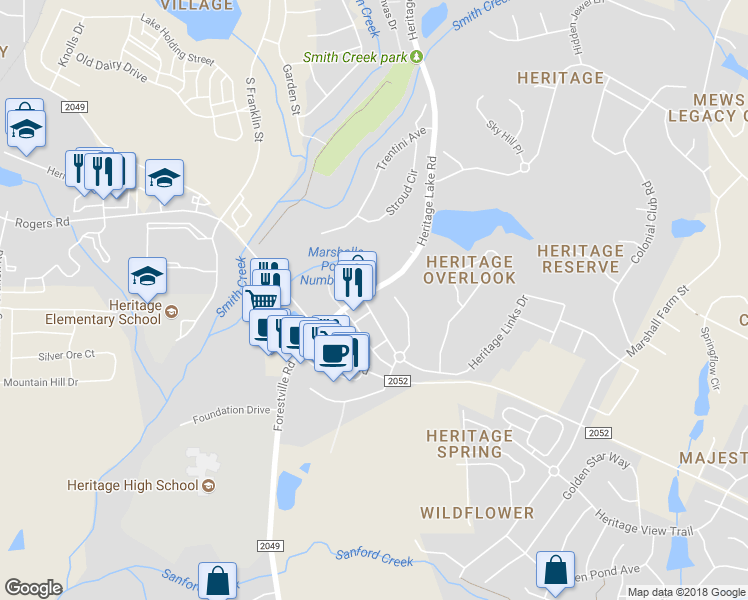 map of restaurants, bars, coffee shops, grocery stores, and more near 1203 Heritage Links Drive in Wake Forest