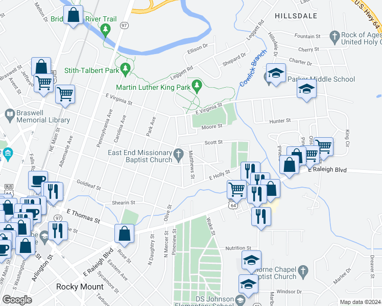 map of restaurants, bars, coffee shops, grocery stores, and more near 1004 East Grand Avenue in Rocky Mount