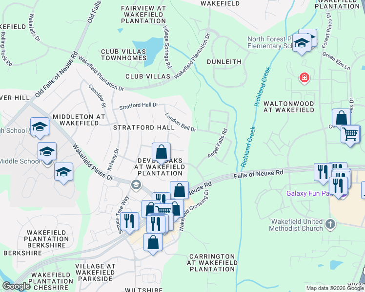 map of restaurants, bars, coffee shops, grocery stores, and more near 2916 Mountain Ash Court in Raleigh