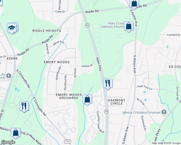 map of restaurants, bars, coffee shops, grocery stores, and more near 2624 Apex Highway in Durham