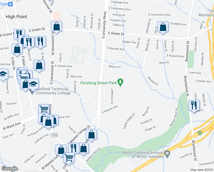 map of restaurants, bars, coffee shops, grocery stores, and more near 1015 Richland Street in High Point