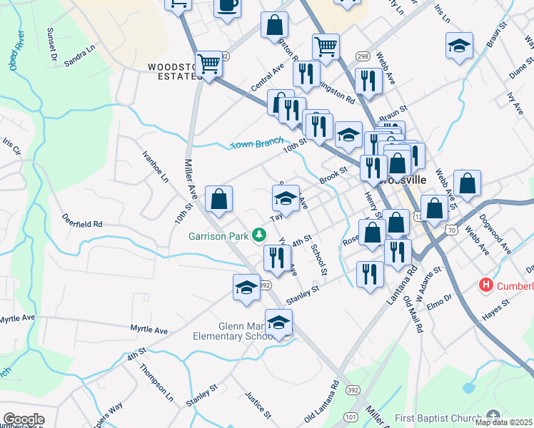 map of restaurants, bars, coffee shops, grocery stores, and more near 266 Taylor Street in Crossville