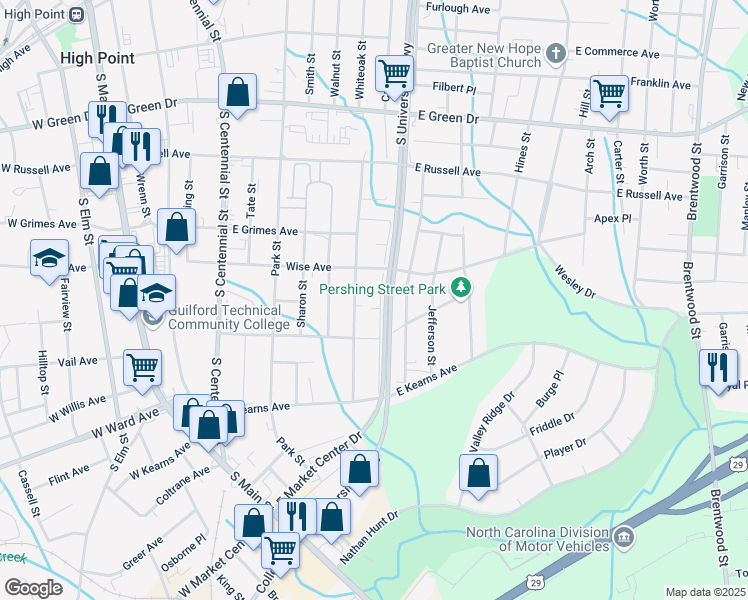 map of restaurants, bars, coffee shops, grocery stores, and more near 1014 Grace Street in High Point