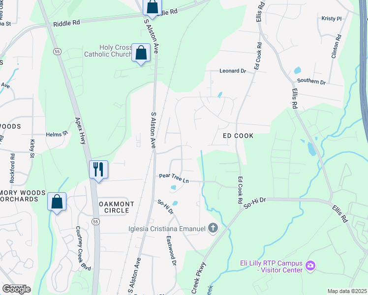 map of restaurants, bars, coffee shops, grocery stores, and more near 2651 Magnolia Tree Lane in Durham