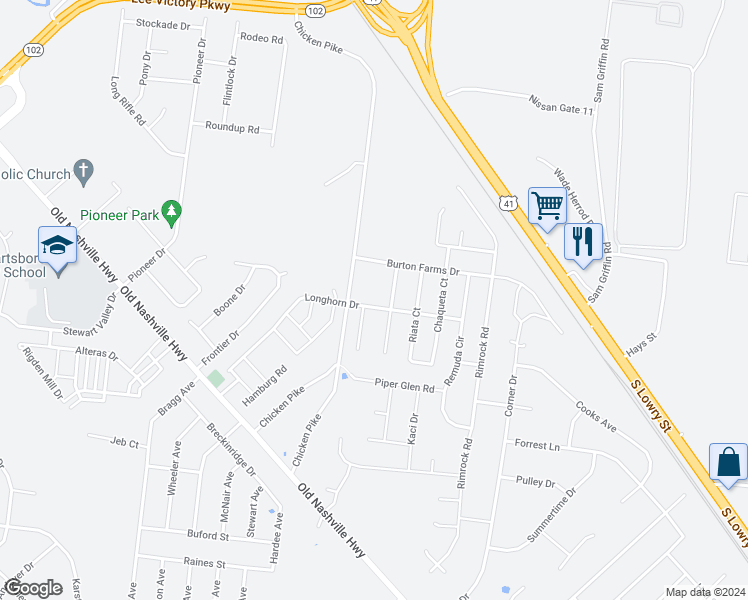 map of restaurants, bars, coffee shops, grocery stores, and more near 404 Longhorn Drive in Smyrna