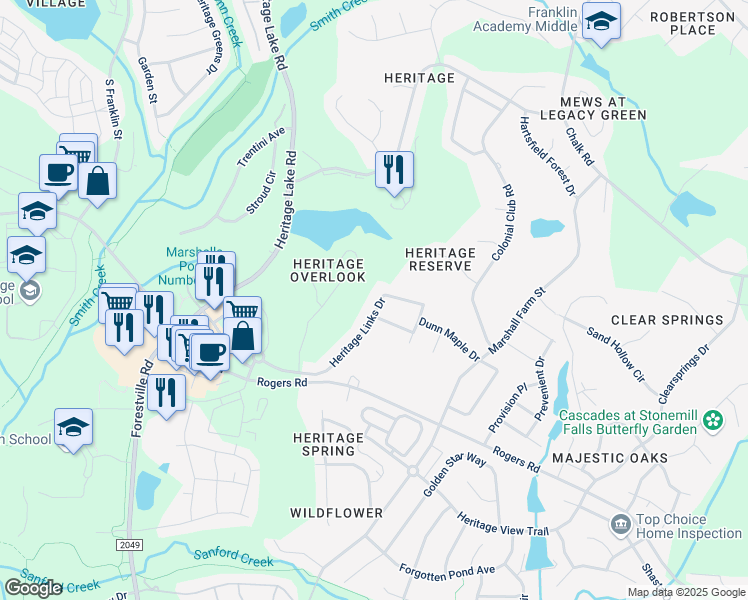 map of restaurants, bars, coffee shops, grocery stores, and more near 1513 Heritage Links Drive in Wake Forest
