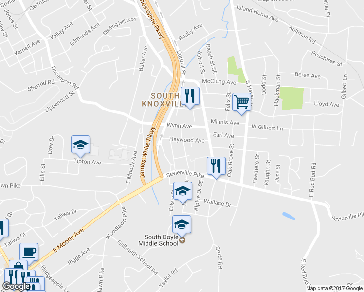 map of restaurants, bars, coffee shops, grocery stores, and more near 2319 Bradford Street in Knoxville