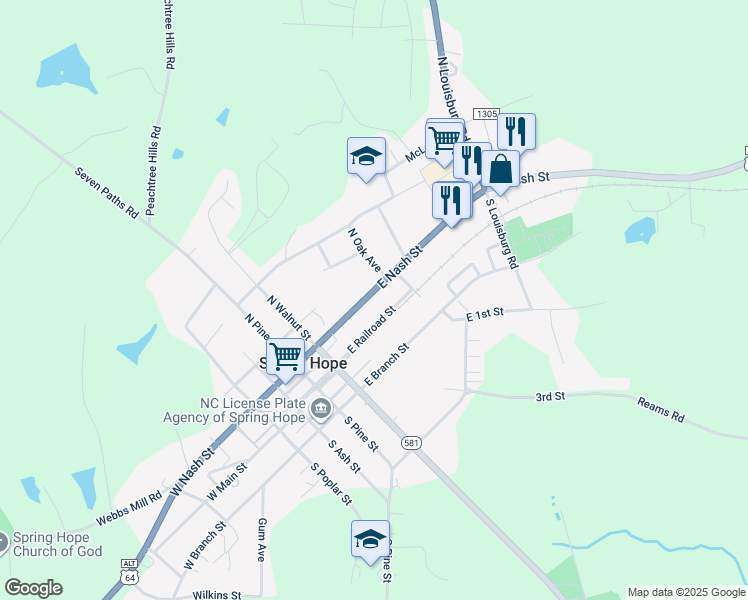map of restaurants, bars, coffee shops, grocery stores, and more near 308 East Nash Street in Spring Hope