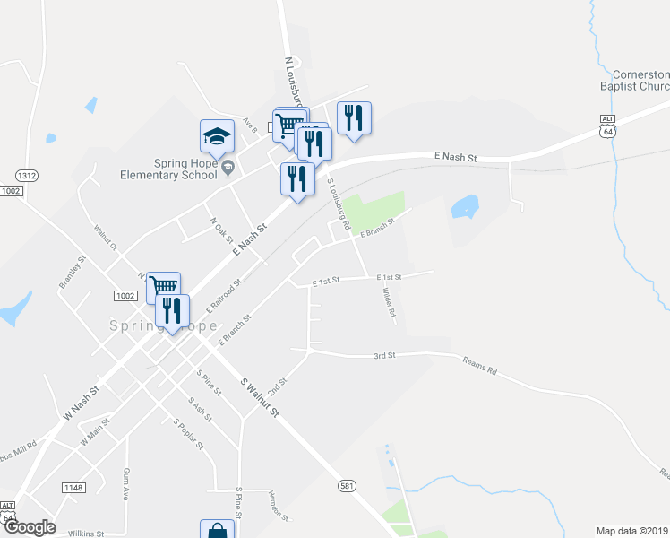 map of restaurants, bars, coffee shops, grocery stores, and more near 507 East 1st Street in Spring Hope