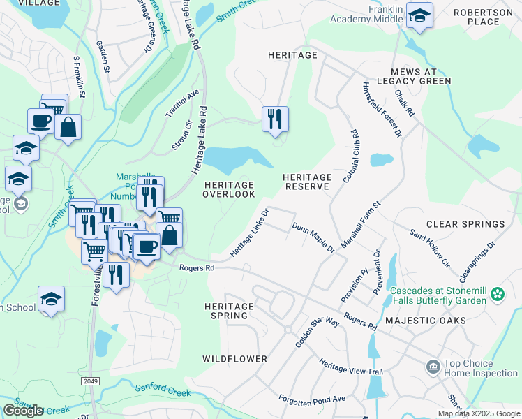 map of restaurants, bars, coffee shops, grocery stores, and more near 1513 Heritage Links Drive in Wake Forest