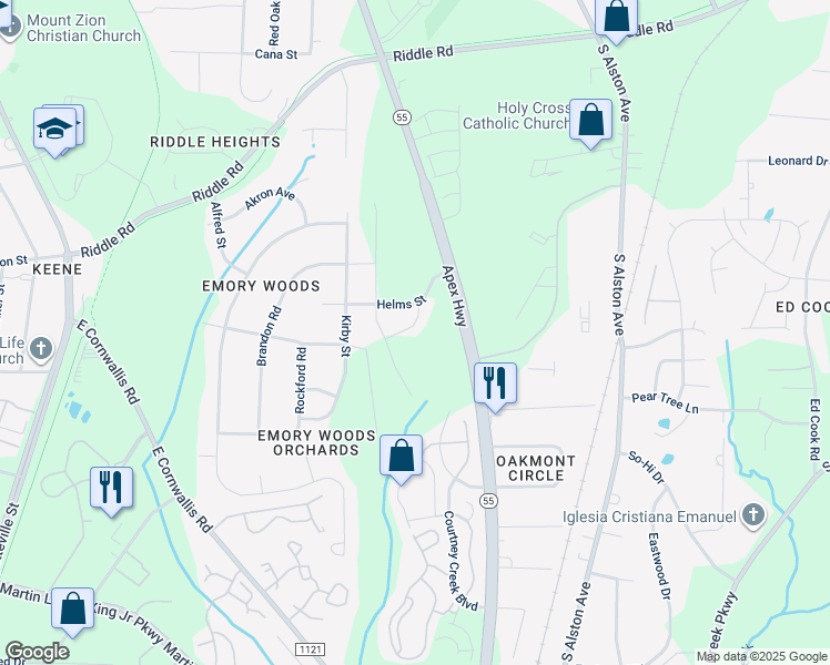 map of restaurants, bars, coffee shops, grocery stores, and more near 2624 Apex Highway in Durham