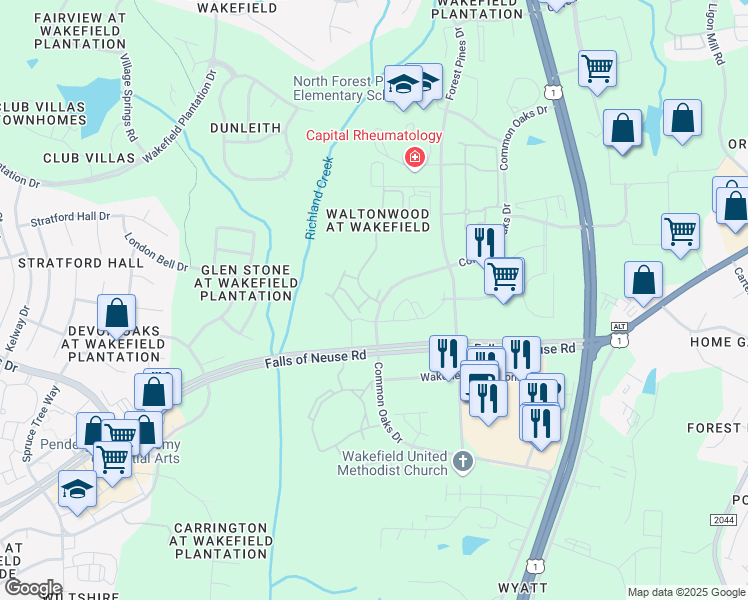 map of restaurants, bars, coffee shops, grocery stores, and more near 11171 Beckstone Way in Raleigh