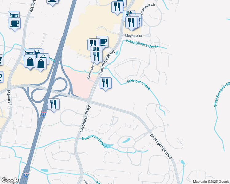 map of restaurants, bars, coffee shops, grocery stores, and more near 730 Cool Springs Boulevard in Franklin